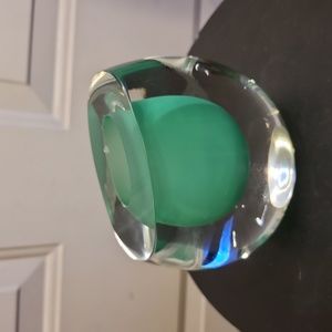 Murano Glass Cased Green & Clear Thick Vase Vintage Polished Base